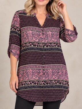 Yest Paisley 3/4 Sleeve Tunic Blouse Roll Tab Viscose Purple Black Size 10 Boho